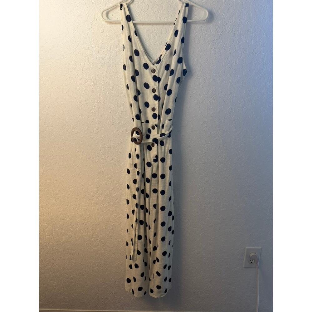 Monteau LA Ivory Navy Polka Dot Button Front Belted Wide Leg Jumpsuit Size XL